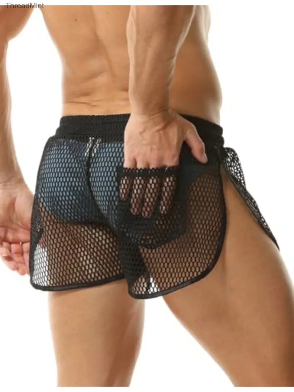 Men's Fishnet Mesh See Through Boxer Shorts with Drawstring